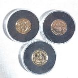 3 9ct gold commemorative coins, encapsulated, 9.6g