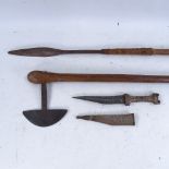 A Native American battle axe, spear, and an Eastern metal-clad dagger (3)