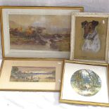 WITHDRAWN Marjorie Cox, pastels, dog study "Lindy", framed, and 3 other watercolours (4)