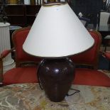 A modern patinated baluster table lamp and shade, height to top of shade 64cm