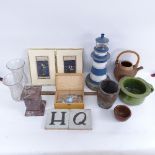 Various interesting collectables, including crucible, glazed letter tiles, red marble plinth, a pair