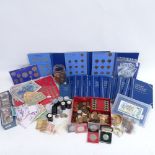 A collection of various world coins and banknotes