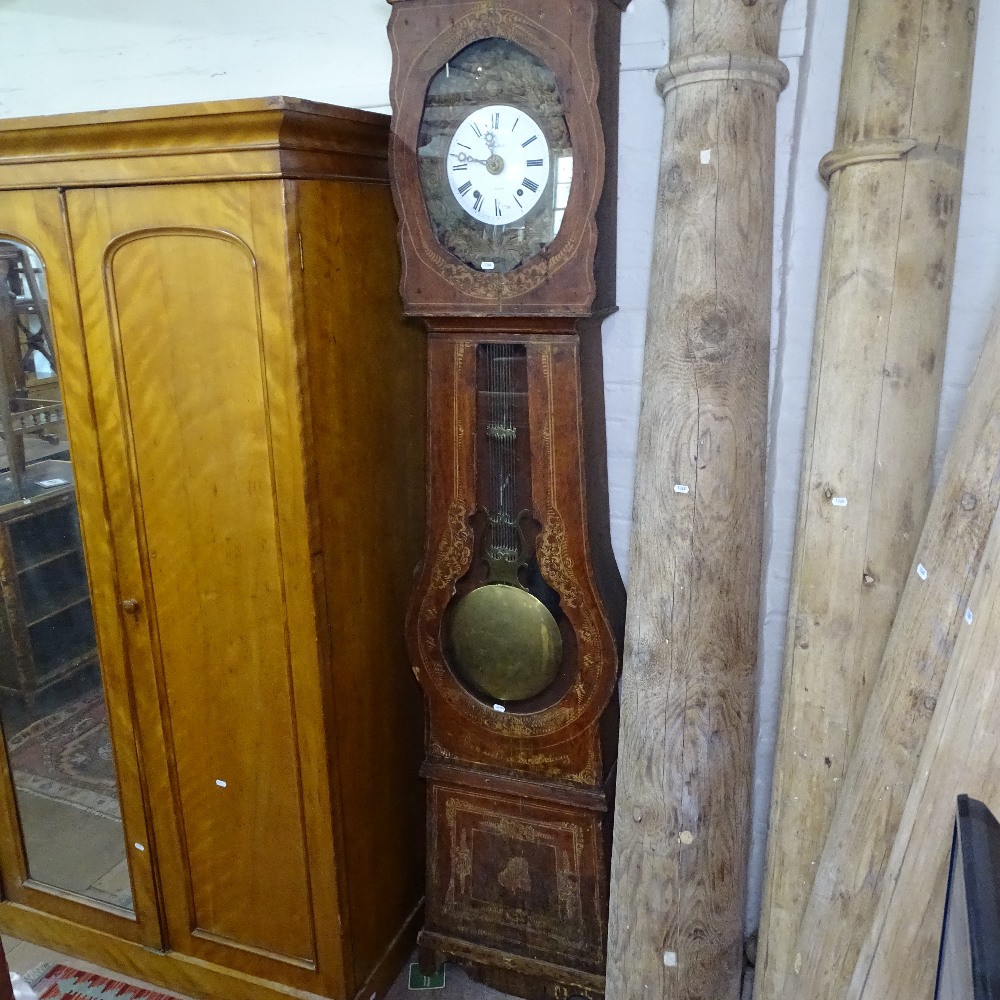 An Antique French pine-case comtoise clock, with white enamel dial, 2-train movement and ornate - Image 2 of 3