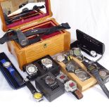A box of mixed modern men's quartz wristwatches, to include Sekonda, Kangol etc, and a stained beech
