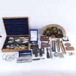 Various silver plated cutlery, a Murano paperweight, fountain pens, binoculars etc