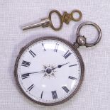 A Continental engraved and silver-cased key-wind pocket watch and key