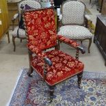 19th century rosewood-framed and upholstered open armchair, with barley twist supports and turned