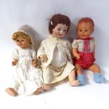 Various toy dolls, including German porcelain-headed example (3)