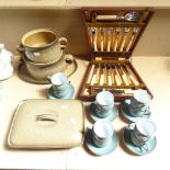 Denby coffeeware and serving dishes, and a cased set of plated fish cutlery