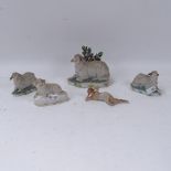 Art Deco bisque porcelain figure, reclining lady, length 10cm, a Bocage sheep, and 3 others