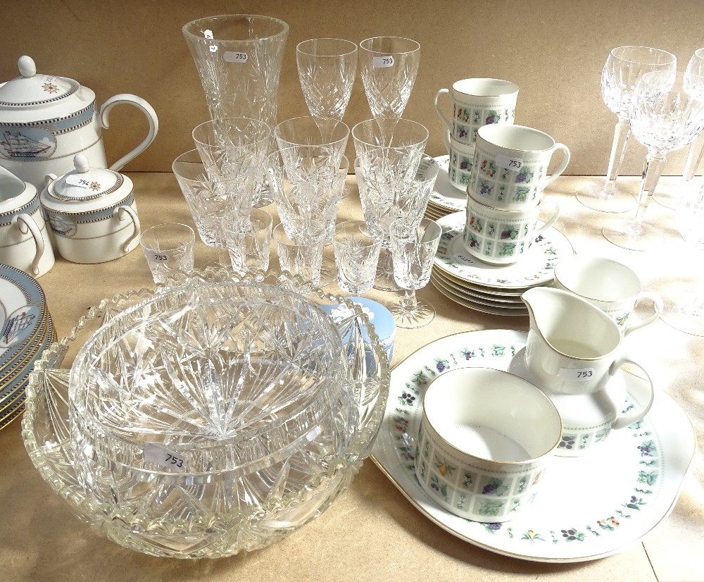 Royal Doulton Tapestry teaware, and various crystal drinking glasses and bowls