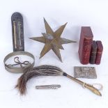A horn-handled fly whisk, measuring gauge, leather-covered photograph cases etc