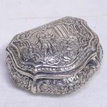 A 19th century German Hanau silver snuff box, with a shaped cartouche and embossed Classical scene