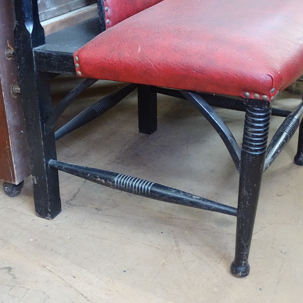 A William Birch Arts and Crafts ebonised oak bench, with curved slat-back, later upholstery, W115cm, - Image 3 of 3