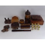 An oak tea caddy, brass-bound mahogany sewing box, a hardwood police baton, etc