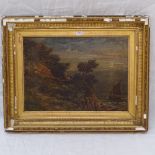 19th century English School, oil on board, figures on a clifftop looking out to sea, unsigned, 10" x