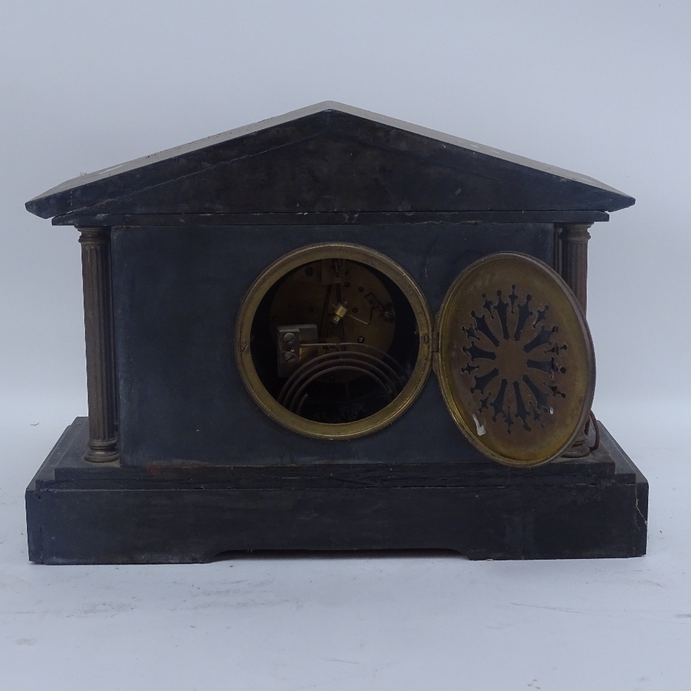 A large slate and brass architectural mantel clock, and an oak-cased 2-train mantel clock, largest - Image 2 of 3