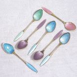 7 silver-gilt and coloured enamel teaspoons with enamelled shell bowls, by Frigast, Denmark