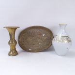 A German porcelain gilded vase, 31cm, an Indian oval brass tray and vase