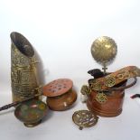 Various brass and copper, including jug stick stand, warming pan, horse brasses etc