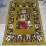 A mustard ground wool rug with heraldic decoration, 200cm x 146cm
