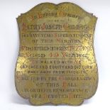 A large painted brass memorial plaque, to Henry Joseph Gammage, died aged 49 years, height 75cm