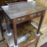 An Antique oak side table, single frieze drawer, square canted cornered legs, W74cm, D48cm, H70cm
