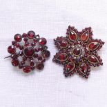 2 Victorian gilt-metal garnet cluster brooches, 1 set with split-pearls and rose-cut garnets,
