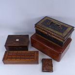 A Milners painted tin Deed box, travelling writing slope, rosewood jewel box etc