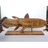 Clive Fredriksson, large carved wood sculpture, Coelacanth on plinth, length 120cm