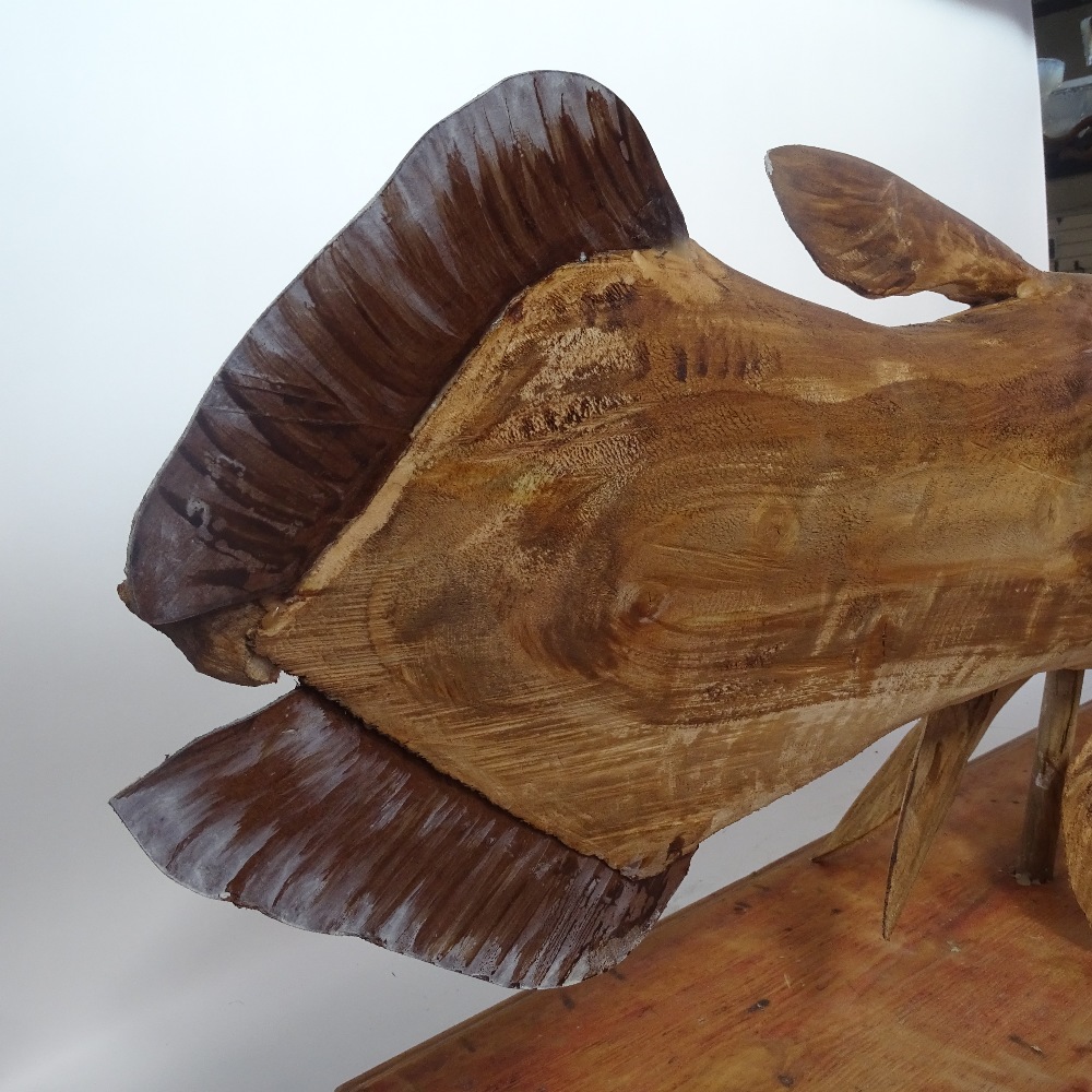 Clive Fredriksson, large carved wood sculpture, Coelacanth on plinth, length 120cm - Image 3 of 3