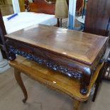 A Chinese rosewood opium table, with a carved and pierced frieze, on scrolled legs, W86cm, D52cm,