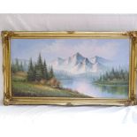 T Knowles, modern oil on canvas laid on board, panoramic mountain landscape, 60cm x 120cm, framed