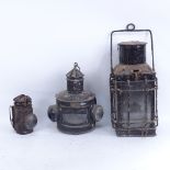 3 19th century painted metal bulkhead carriage oil lanterns, largest height 38cm (3)