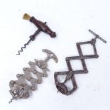 Various Vintage corkscrews, including example with brush handle, Zig Zag and Deal Brevete (3)