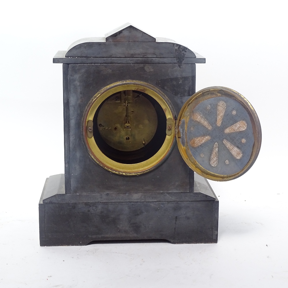 A slate-cased 30-hour mantel clock with veined marble corners, case height 27cm - Image 2 of 3
