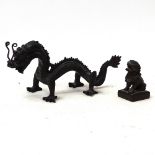 An Oriental bronze Zhuanshu seal form script desk seal, and a bronze water dragon figure, seal