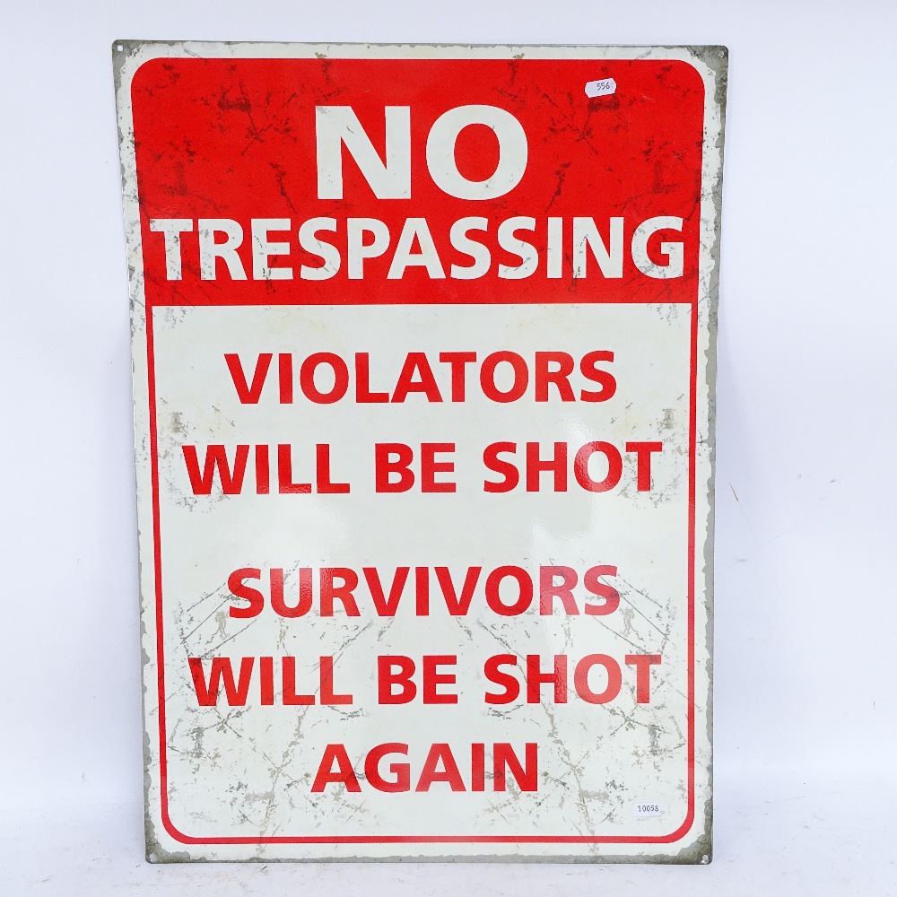 A modern novelty lithograph tin No Trespassing sign, height 70cm