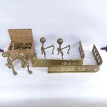 Various brass fireside items, including andirons, fleurs de lis fittings etc