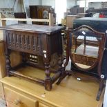 An Ipswich oak design stool/sewing table, with Arcadian card frieze, on baluster legs, W51cm, H46cm,