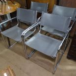 A set of 4 Bauhaus style cantilever tubular steel and saddle leather dining armchairs, in the manner