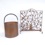 An Art Nouveau style wrought-metal fire screen, and a copper coal bucket, screen height 55cm (2)