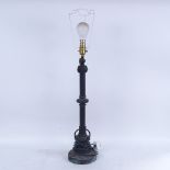A Renaissance style patinated bronze column table lamp, acanthus leaf decoration, height excluding