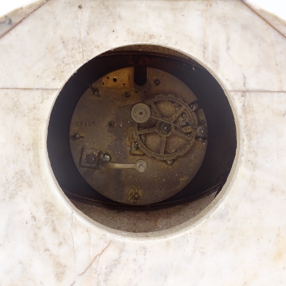 An Art Deco pink marble 3-piece clock garniture, with sectional case and brass mounts, clock - Image 2 of 3