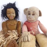 2 Vintage Norah Wellings dolls, including velvet monkey and island girl, monkey height 100cm (2)