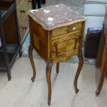 A French walnut and marble-top pot cupboard with single drawer, on cabriole legs, W38cm, H87cm