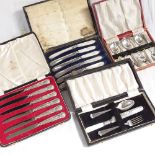 A cased set of 6 silver teaspoons, a case set of 6 King's pattern silver-handled tea knives,