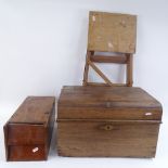 A brass-bound dome-top trunk, various tools, and a step ladder (3)