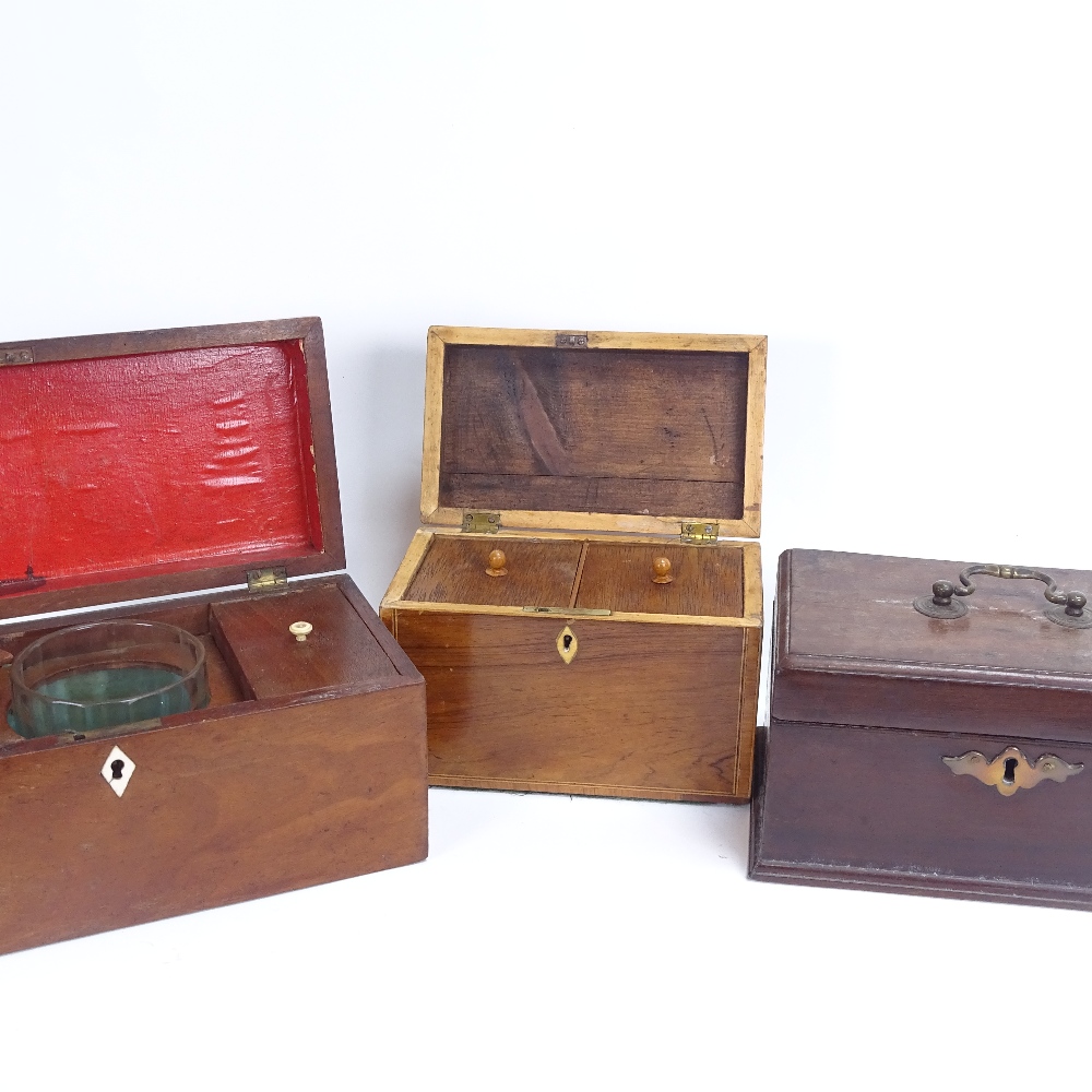 A 19th century mahogany tea caddy, a satinwood-banded tea caddy, and a mahogany box, largest