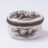 Early Continental porcelain pillbox, with hinged gilt-metal cover and painted decoration,